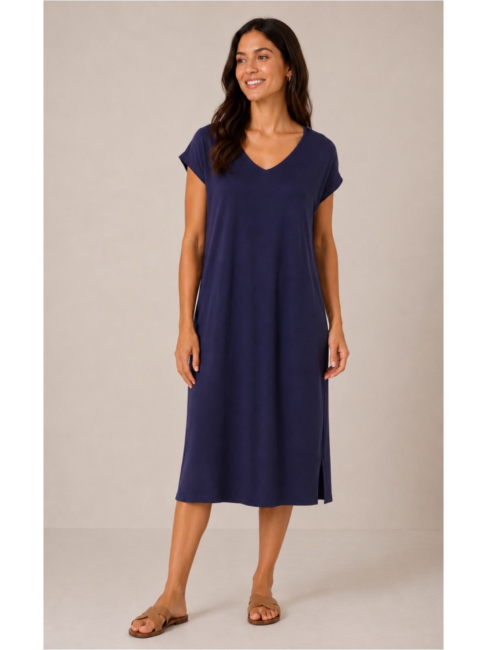 Eileen Fisher Purple High-Low Classic Casual V-Neck Short Sleeve T-Shirt Dress